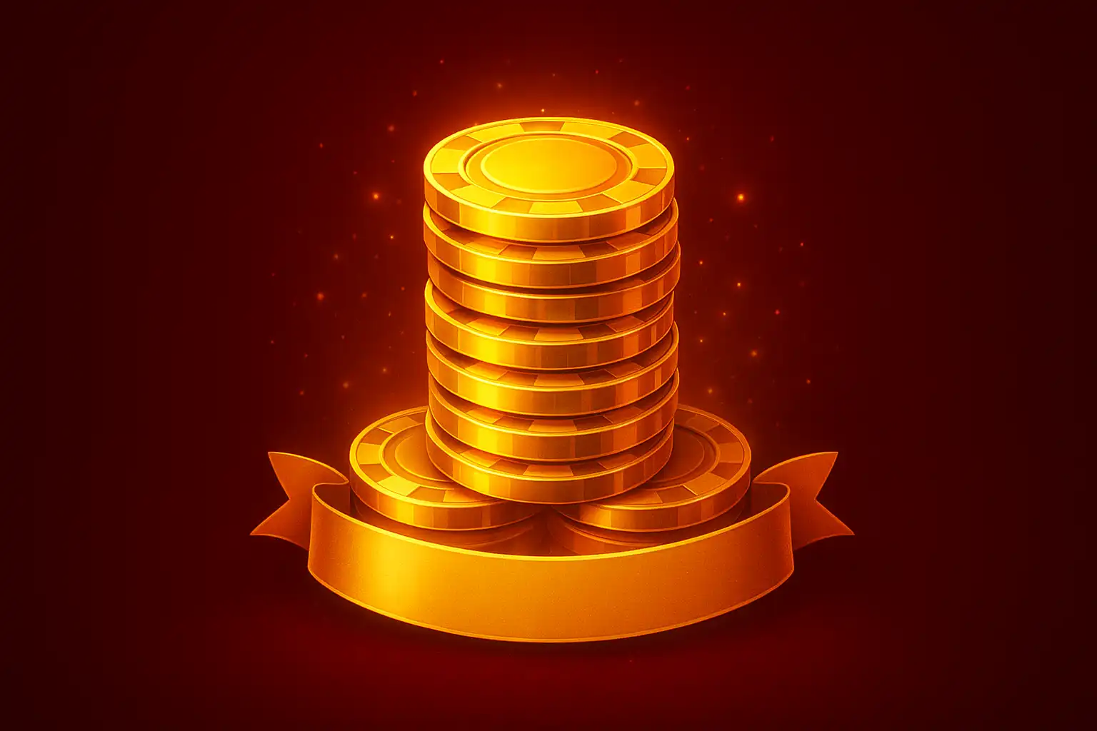 Golden casino chips and a bonus badge over a dark cherry background