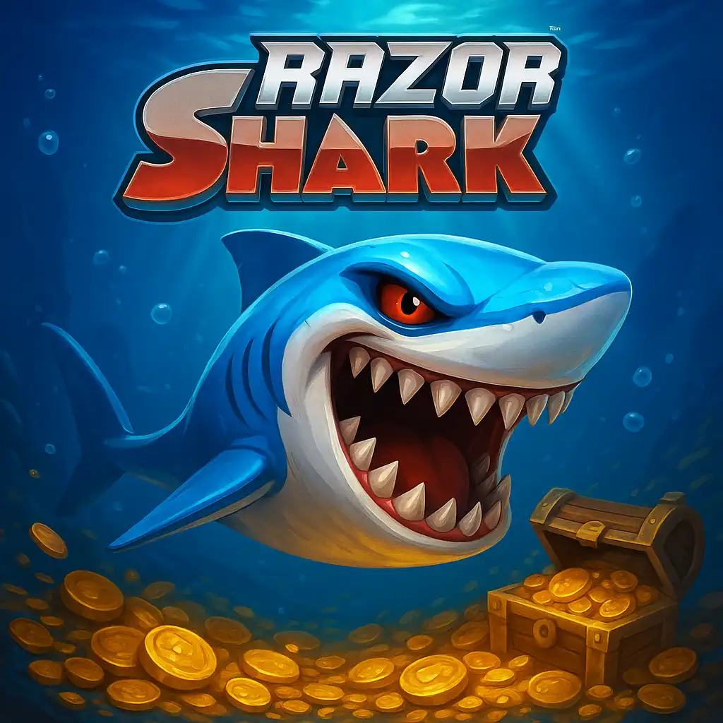 Razor Shark slot artwork with a shark diving through ocean depths