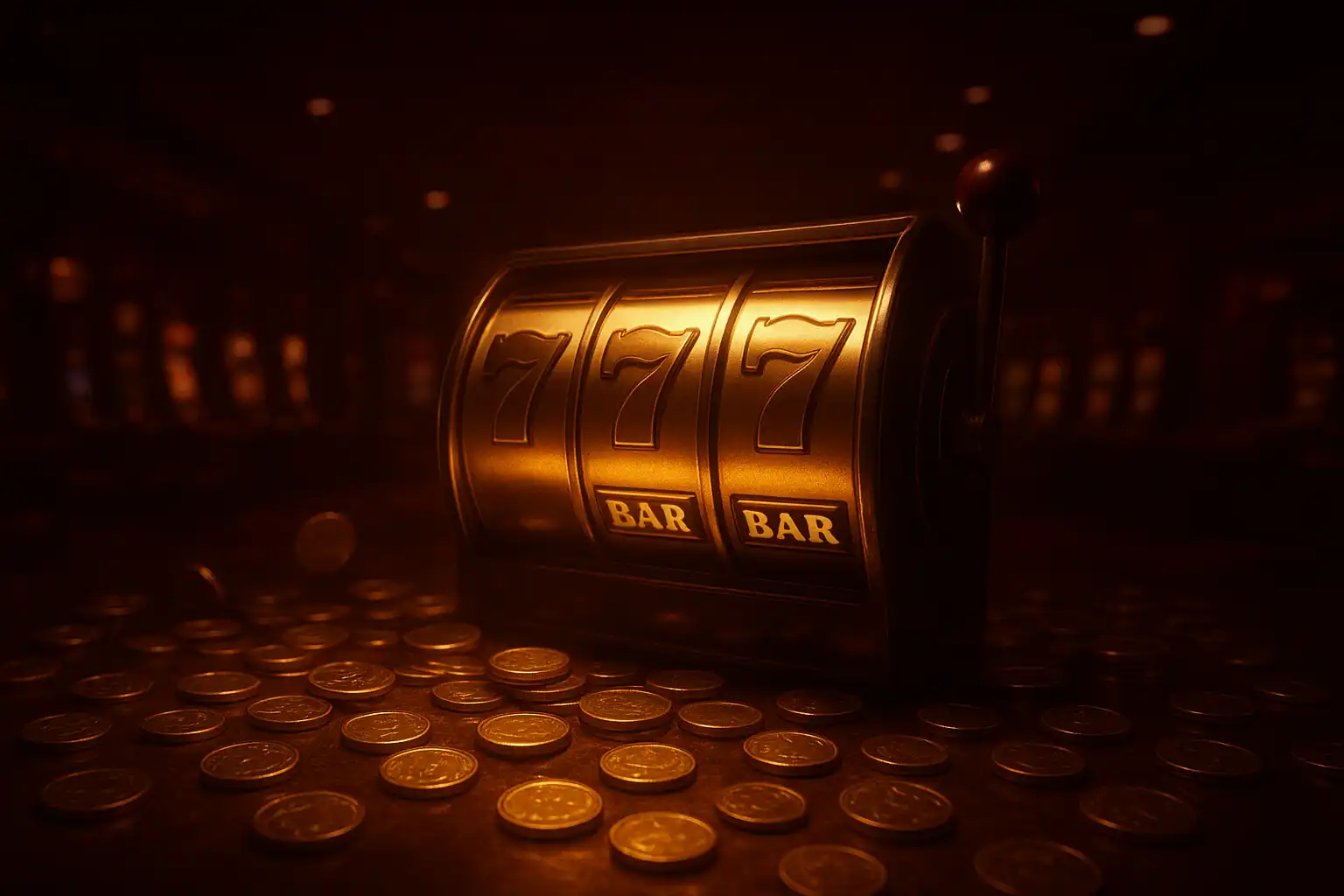 Cherry, gold and dark brown casino scene with glowing slot reels