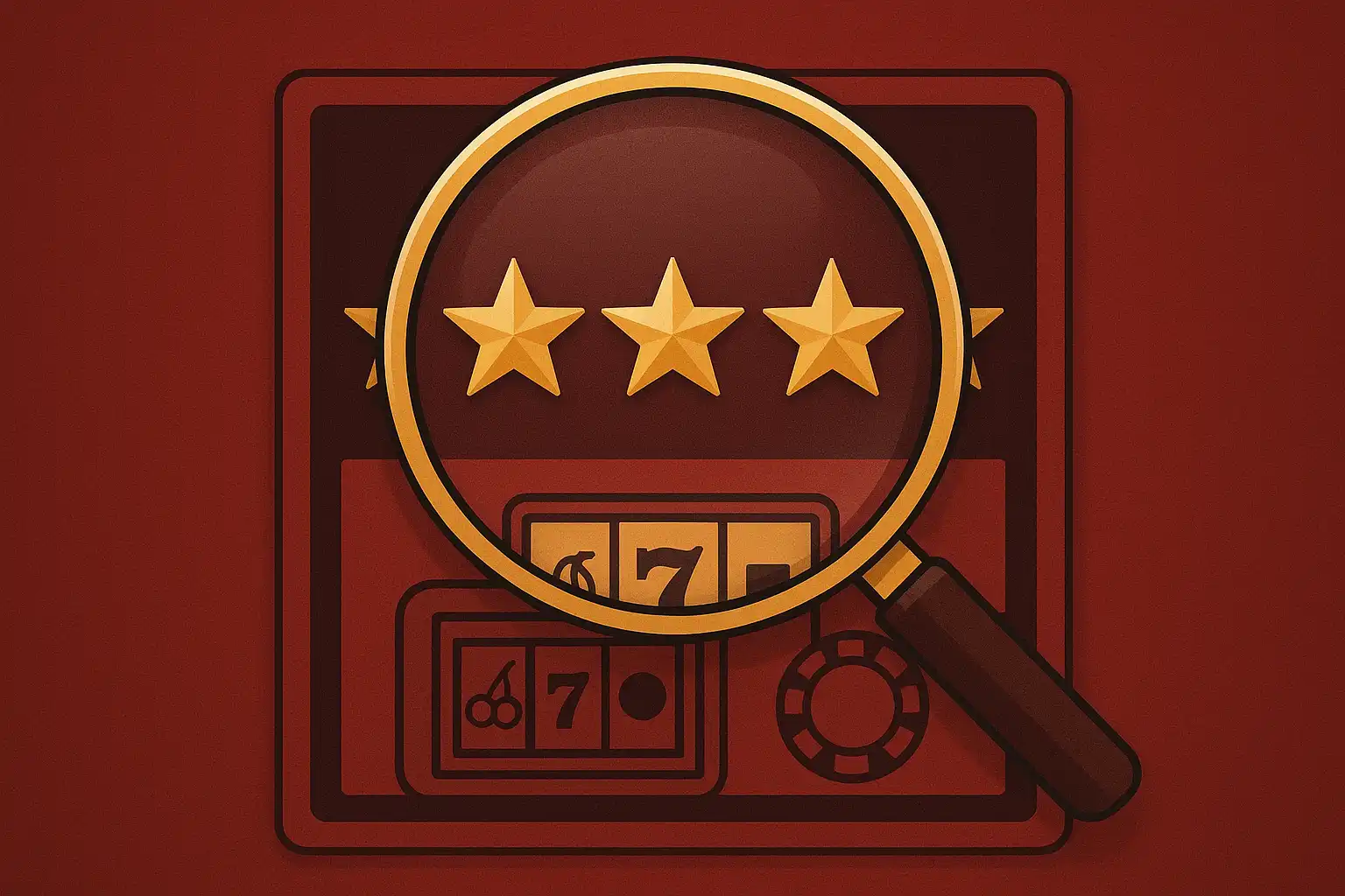 Magnifying glass over a casino review scorecard in gold and cherry tones