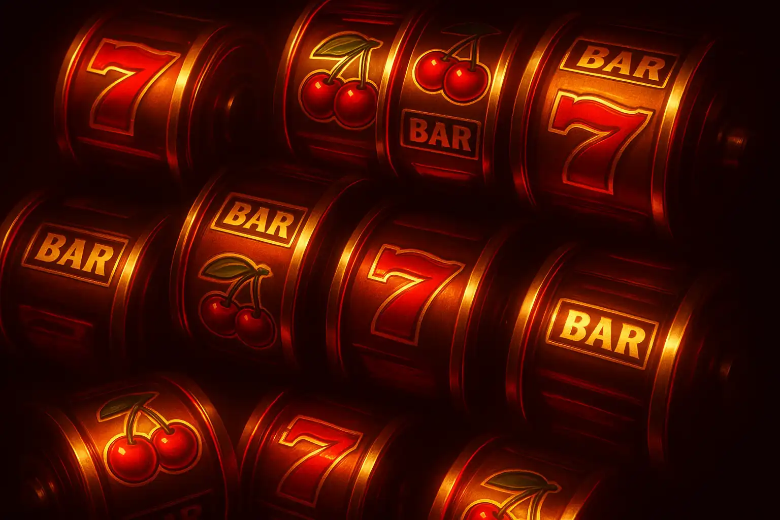 Collage of colourful casino slot reels glowing in cherry and gold light